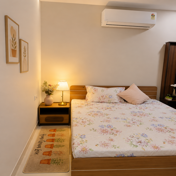 Modern bedroom, cozy bedroom, minimalist bedroom, contemporary interior, warm bedroom, double bed, wooden bed, wooden headboard, wooden furniture, brown wood, floral bedding, floral bedsheet, flower pattern, decorative pillows, bedside table, nightstand, table lamp, warm lighting, vase, artificial flowers, wall art, botanical artwork, framed prints, air conditioner, split AC, bedroom decor, neutral colors, beige walls, cream interior, tiled floor, bedside decor, bedroom rug, floral rug, potted plants, indoor plants, storage cabinet, wardrobe, compact bedroom, apartment bedroom, residential interior, comfortable bed, sleeping area, elegant bedroom, cozy home, modern furniture, simple decor, soft ambiance, warm tones, home interior, interior photography, relaxing space, stylish bedroom.